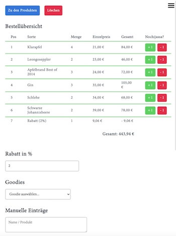 Interface der Destillerie Brunner App für die Bestätigung und Anpassung einer aktuellen Bestellung.