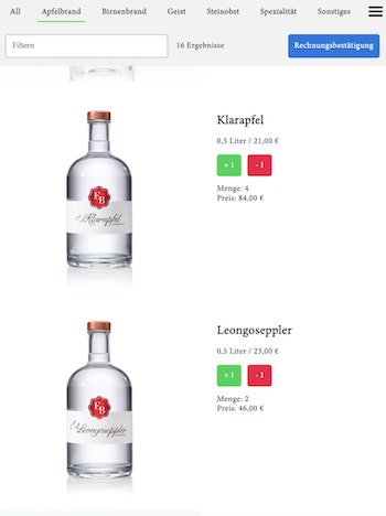 Interface der Destillerie Brunner App für das Aussuchen von Produkten während einer Bestellung.